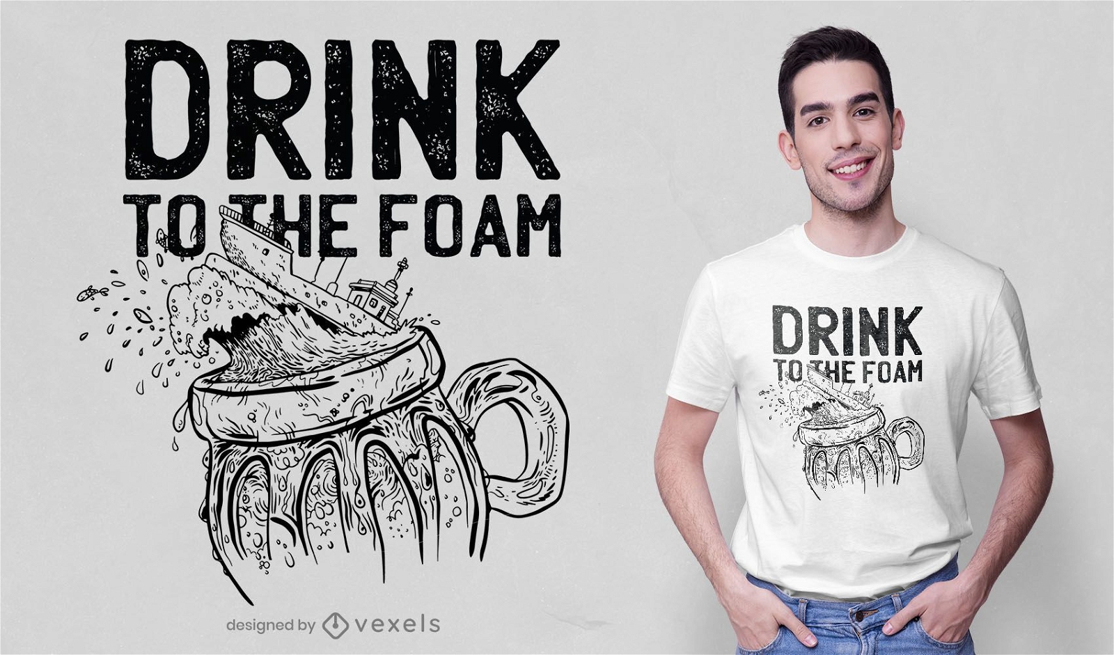 Design de t-shirt desenhada à mão para navio de cerveja