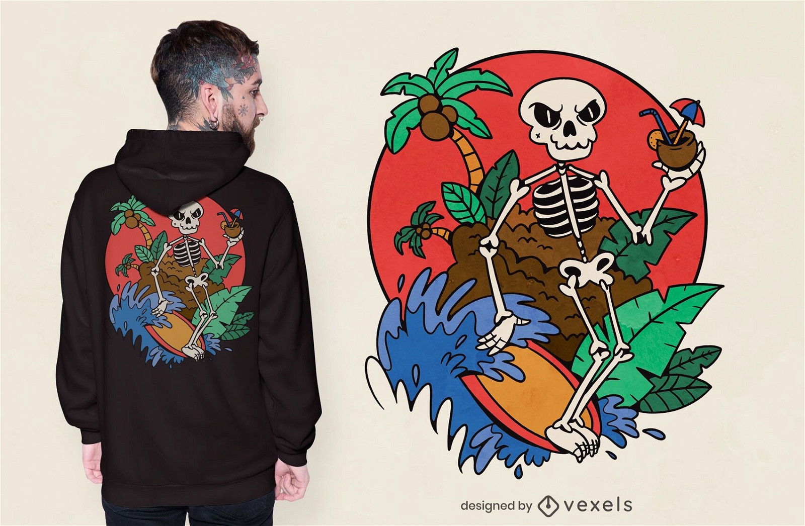 Surfing skeleton t-shirt design