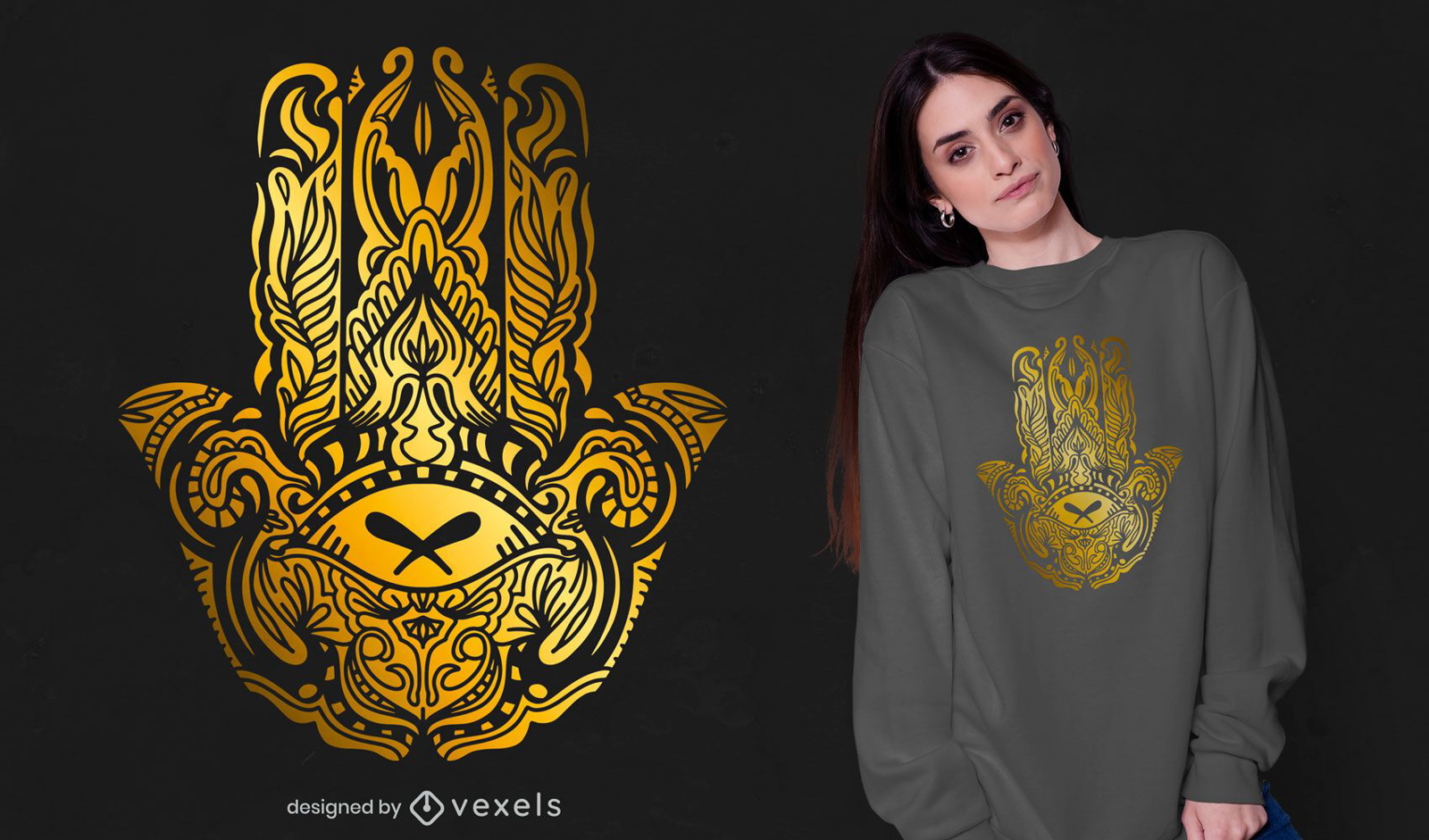 Design de t-shirt dourada Hamsa à mão