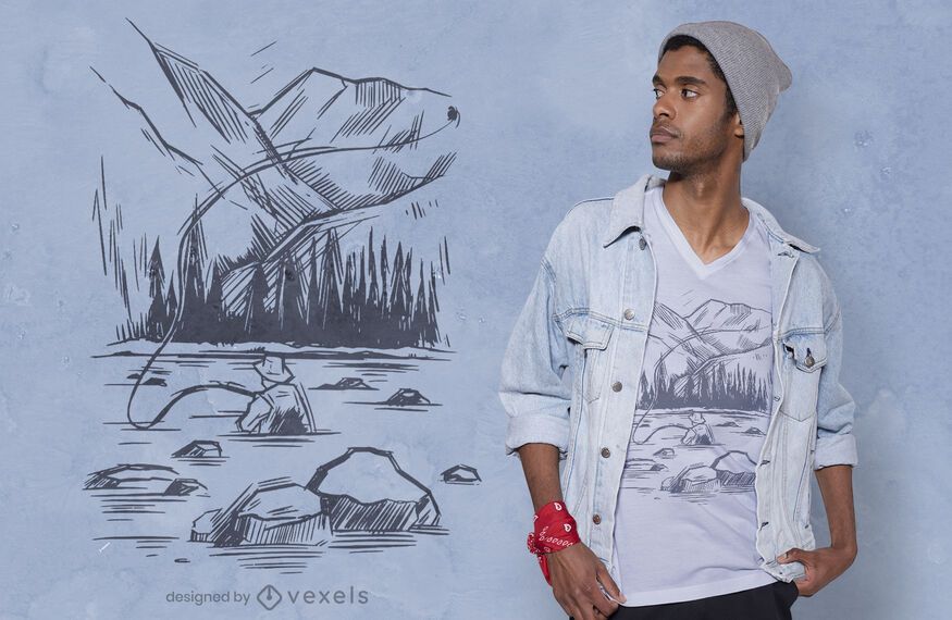 Diseño de camiseta de pescador dibujado a mano. Diseño de camiseta de pescador dibujado a mano.