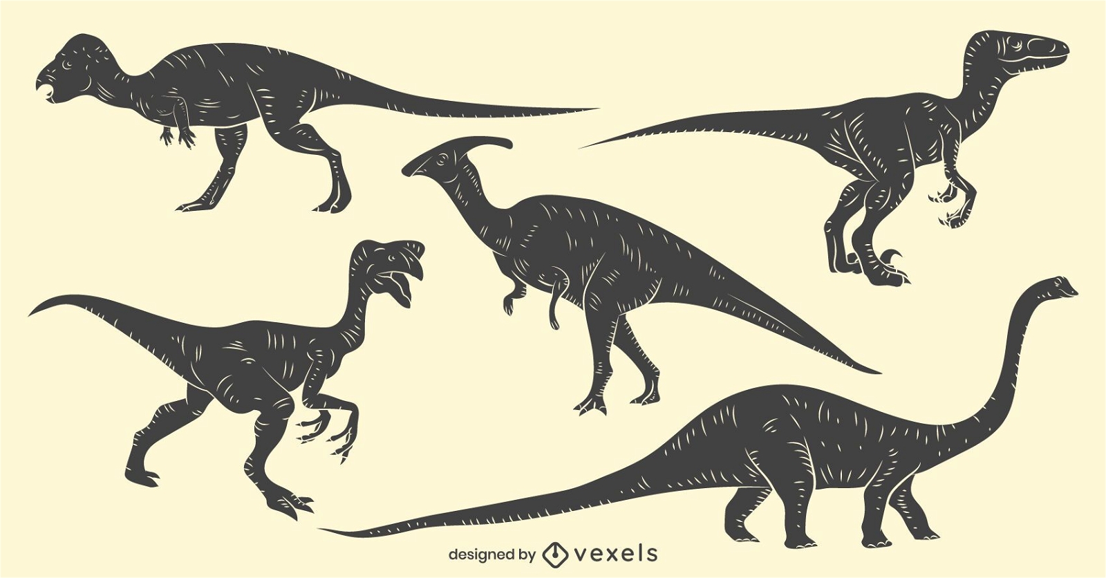 Conjunto de dinossauros desenhados à mão