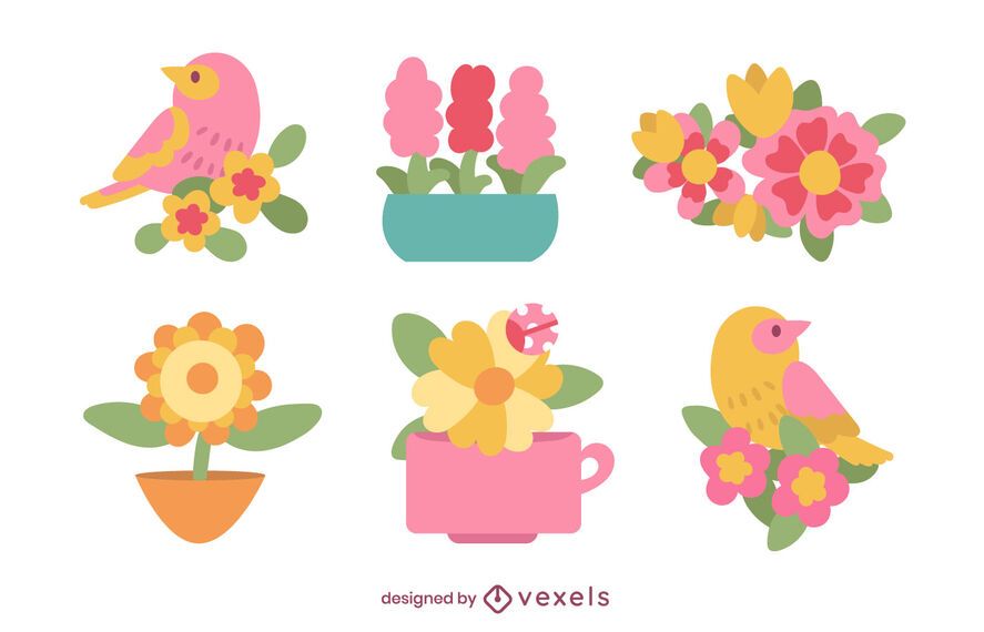 Conjunto plano de flores y pájaros. Conjunto plano de flores y pájaros.