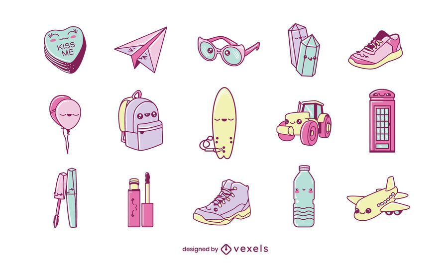 Miscellaneous Kawaii Objects Set - Vector Download