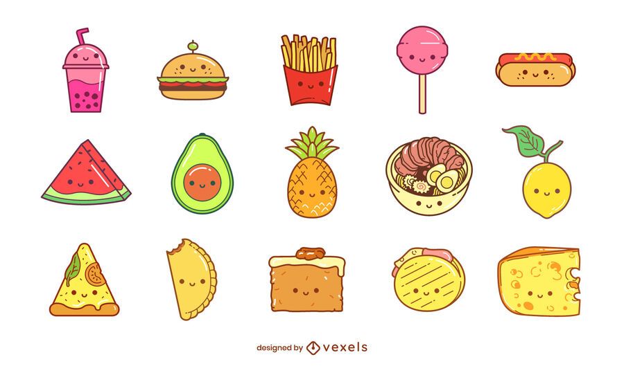 Conjunto de elementos de comida kawaii Conjunto de elementos de comida kawaii