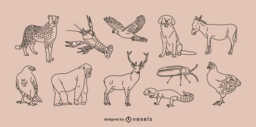Conjunto de arte de línea de varios animales salvajes