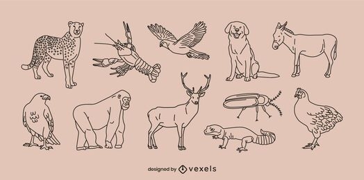 Various Wild Animals Line Art Set Vector Download