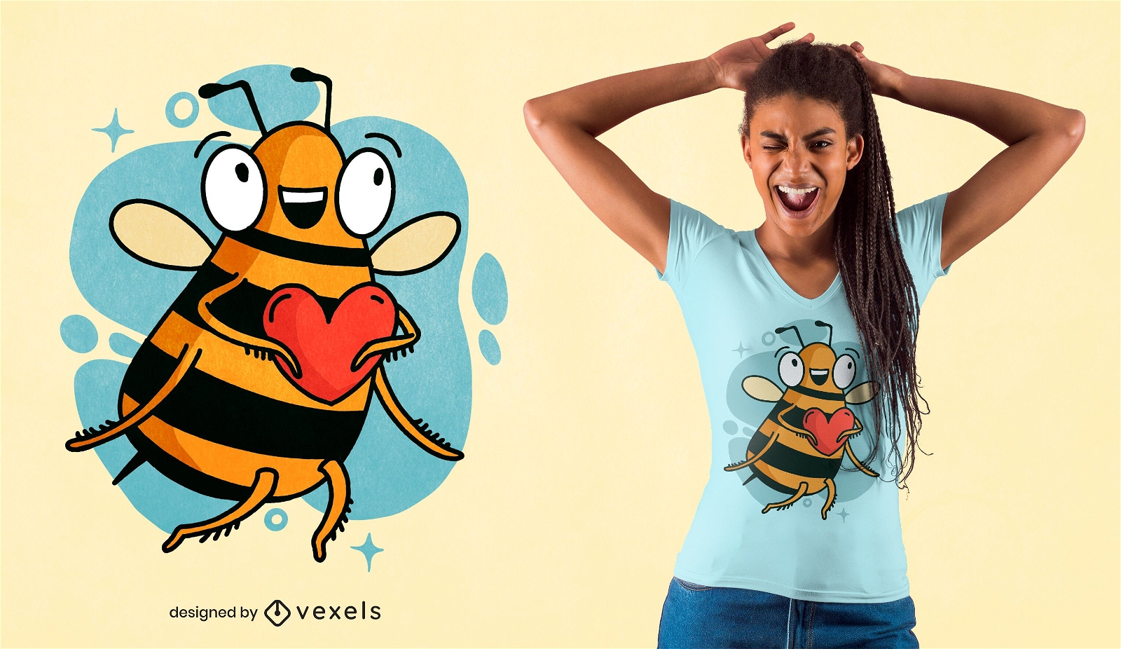 Design de camiseta de desenho animado de coração de abelha