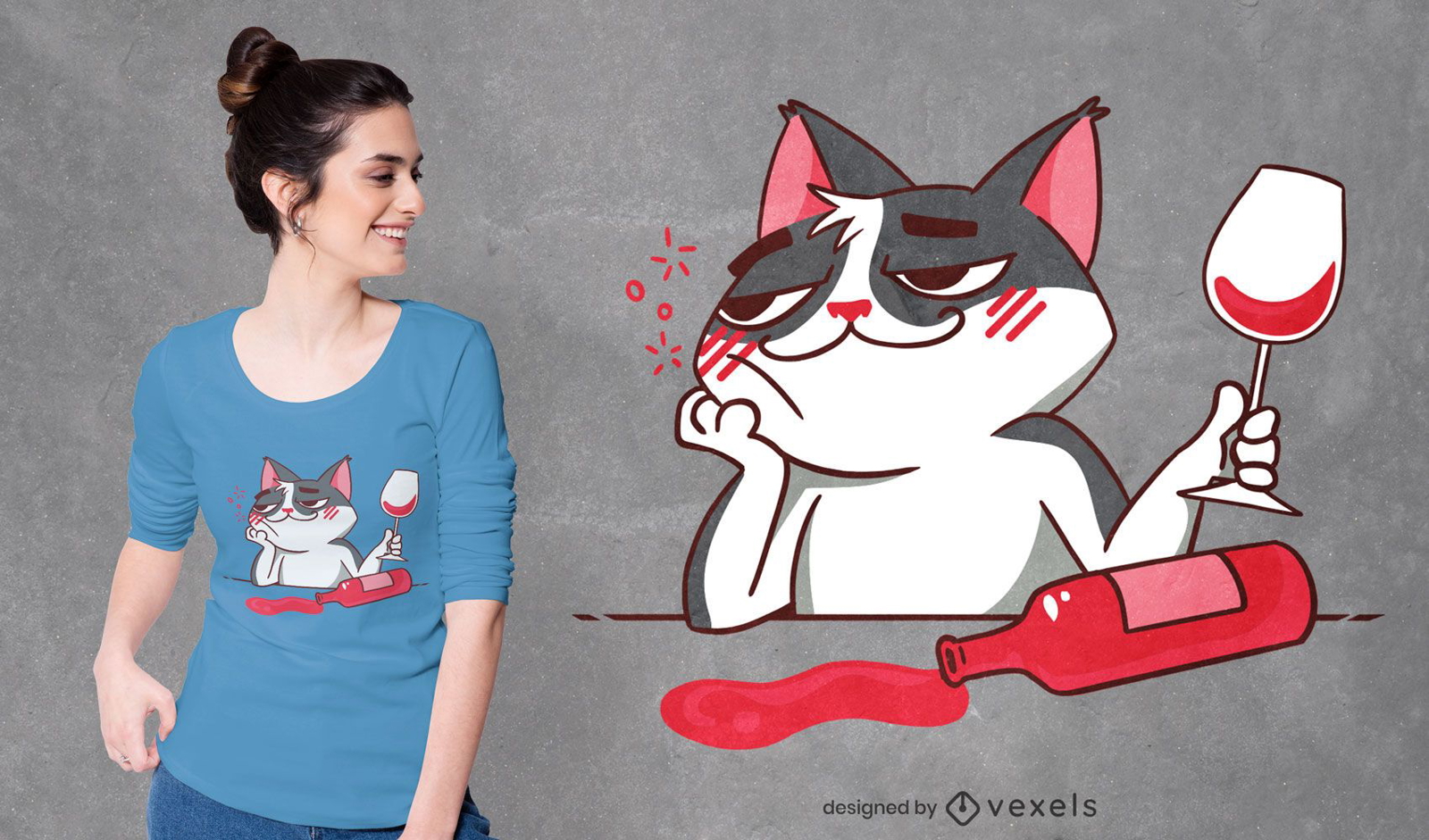Diseño de camiseta de gato vino