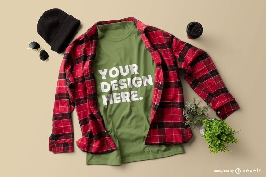 Download Flannel Shirt T-shirt Mockup Design - Vector Download