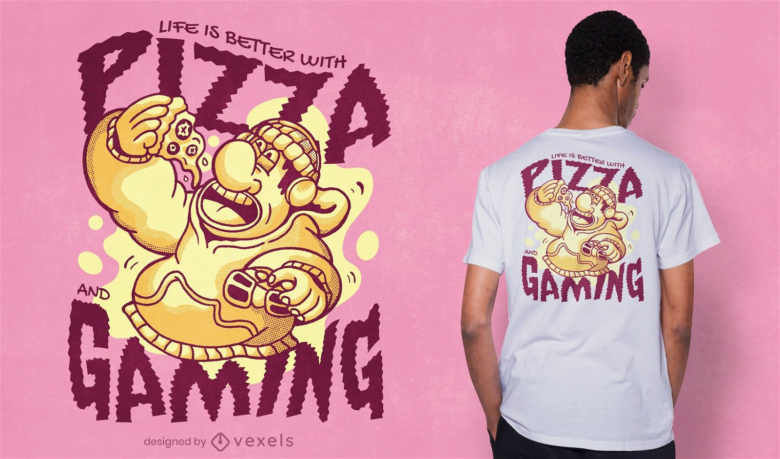 Diseño de camiseta de pizza y juegos.