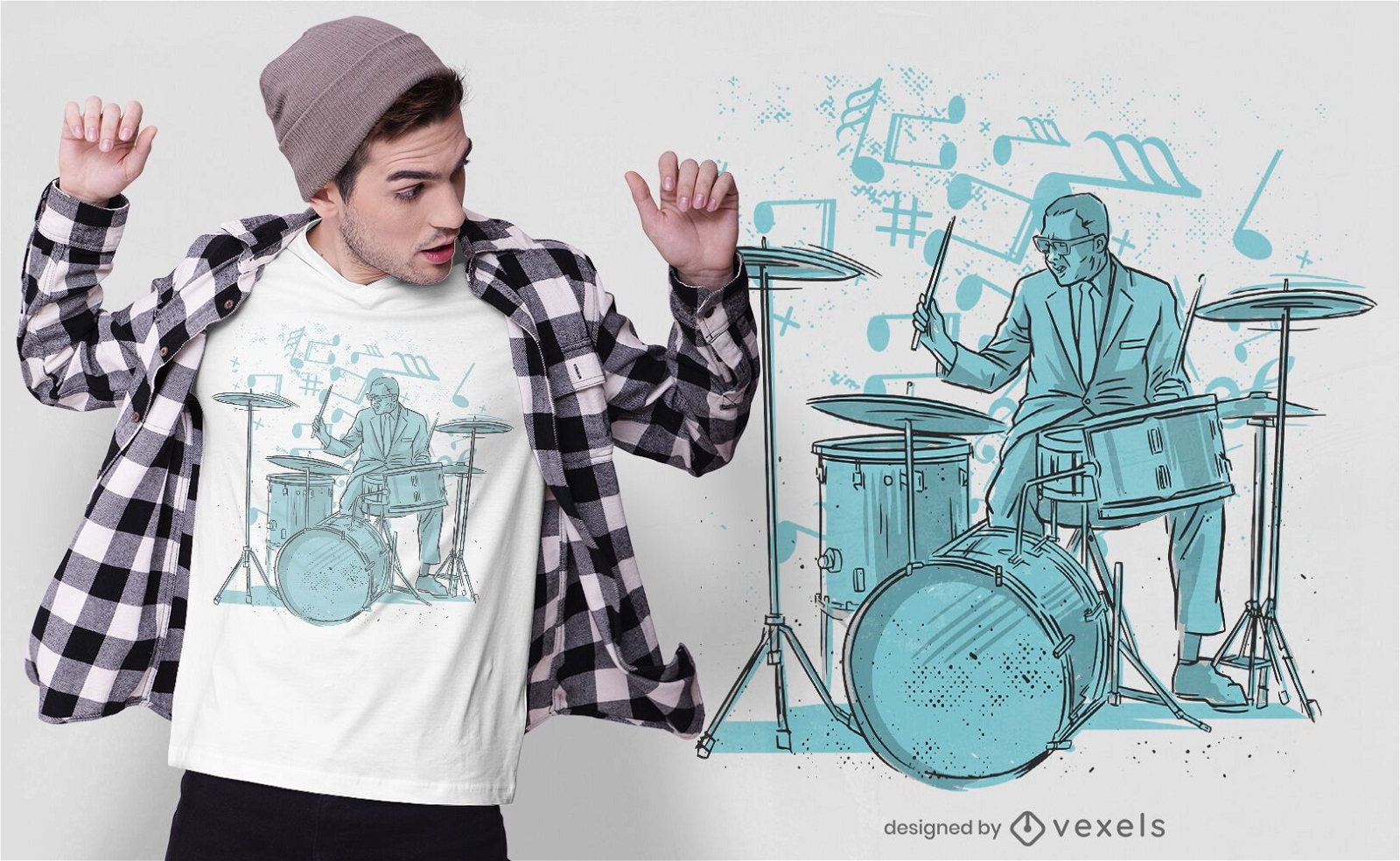 Design de camiseta de baterista desenhada à mão