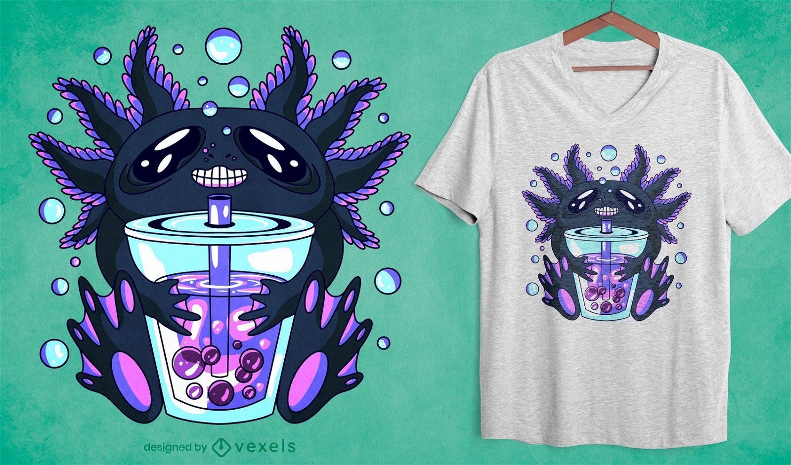 Design de t-shirt de chá de bolhas axolotl