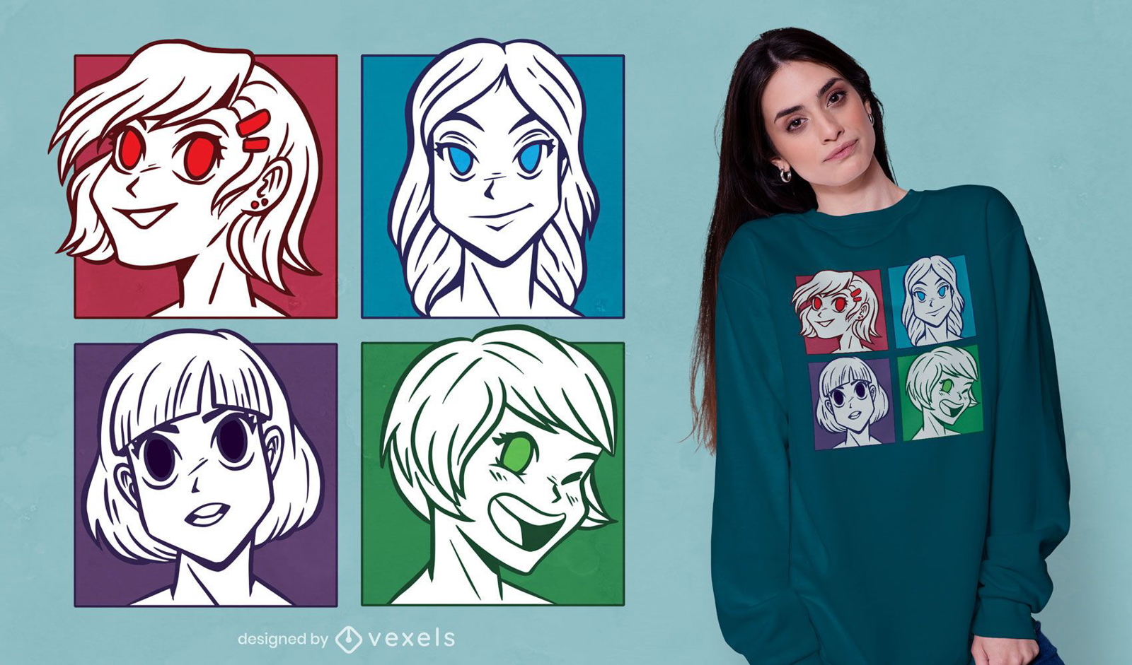 Design de camisetas de anime girls heads