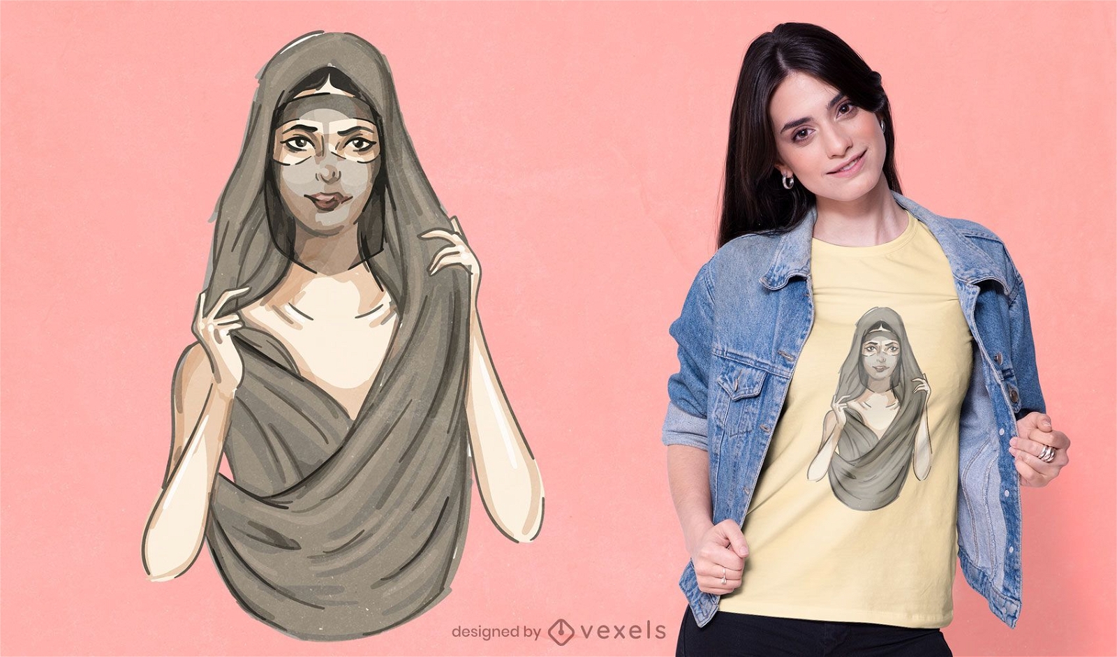 Diseño de camiseta de personaje de mujer árabe.
