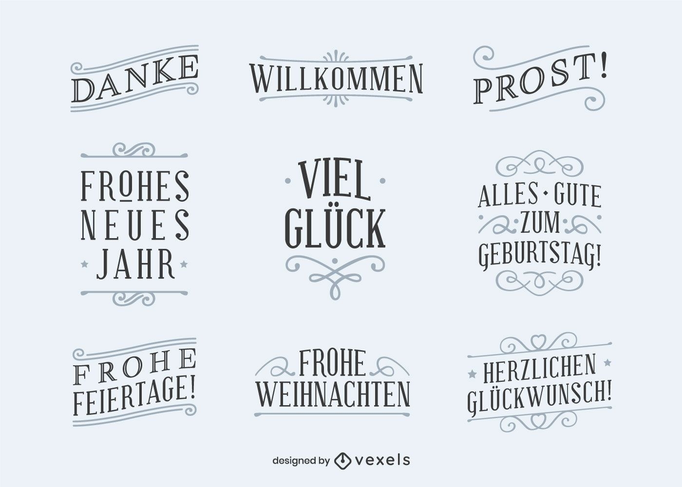 German good wishes quotes lettering set