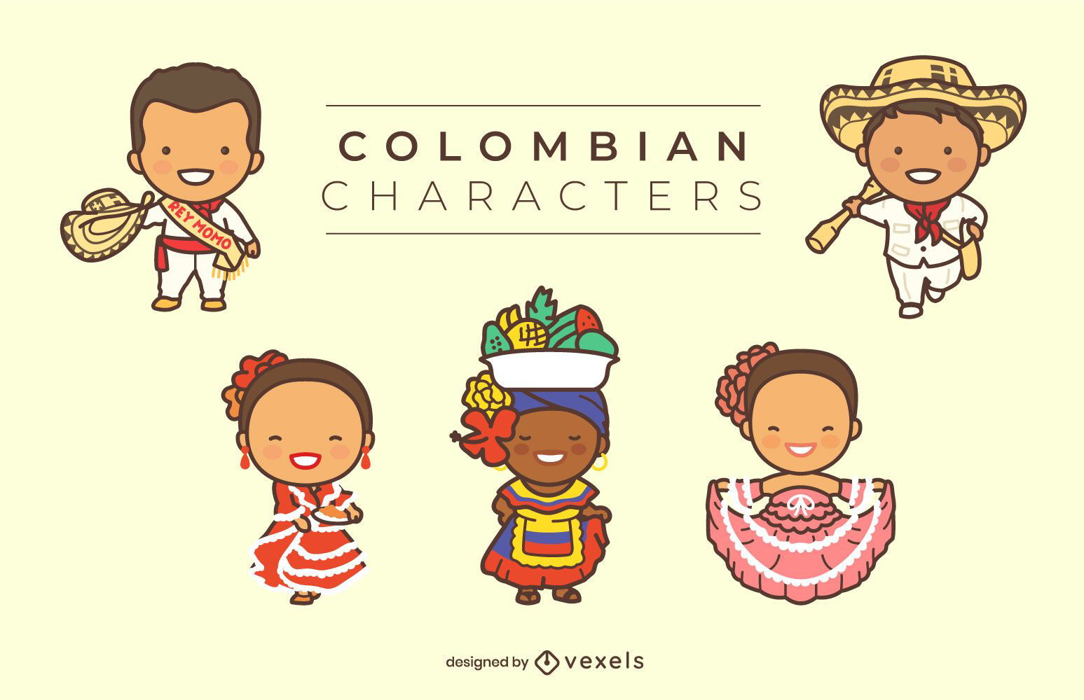Conjunto de personagens colombianos fofos