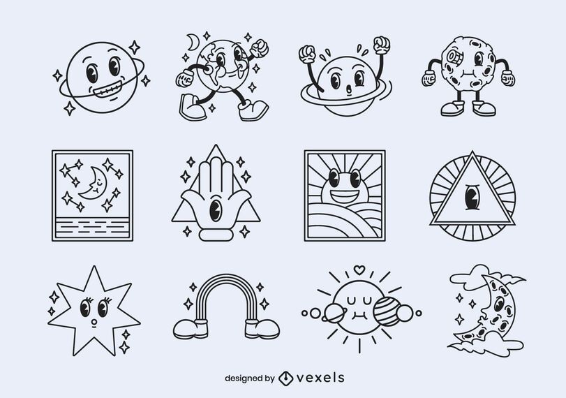 Astronomy retro cartoon stroke set Astronomy retro cartoon stroke set