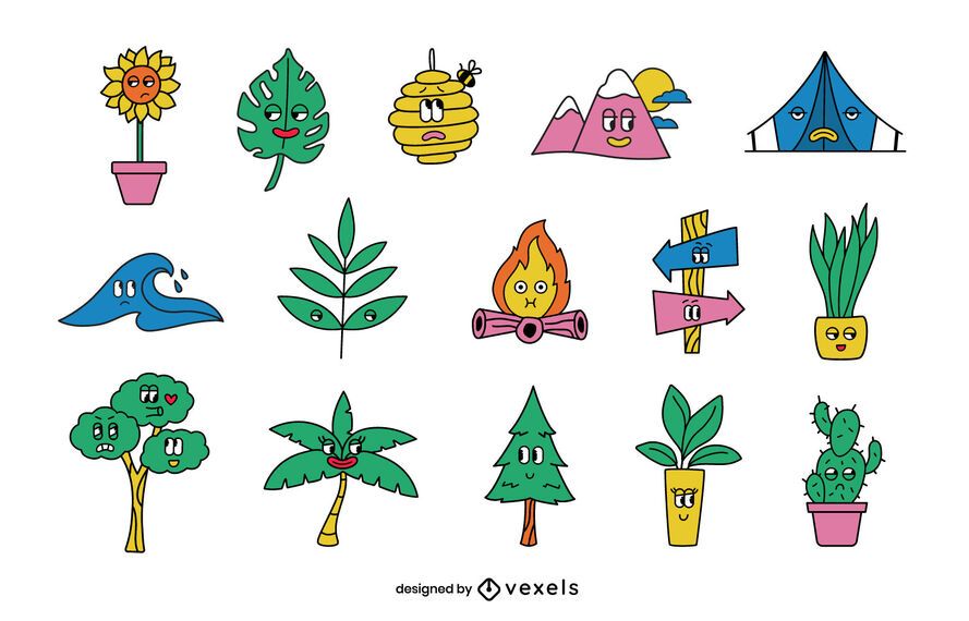 Nature retro cartoon set Nature retro cartoon set