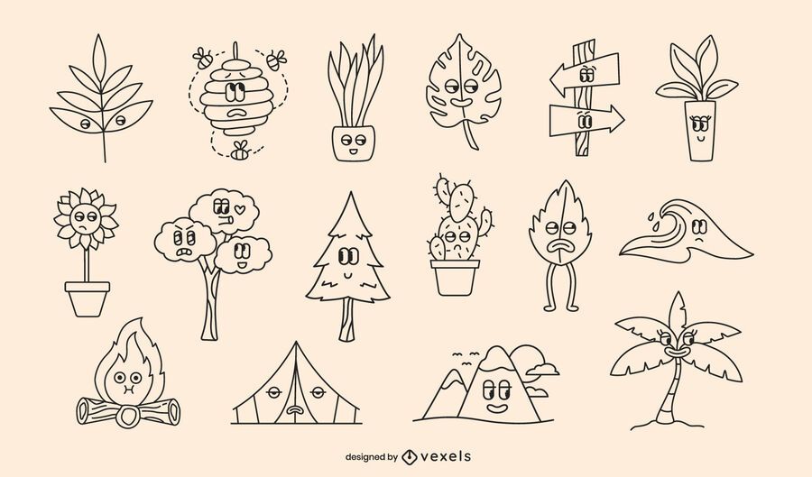 Nature retro cartoon stroke set Nature retro cartoon stroke set