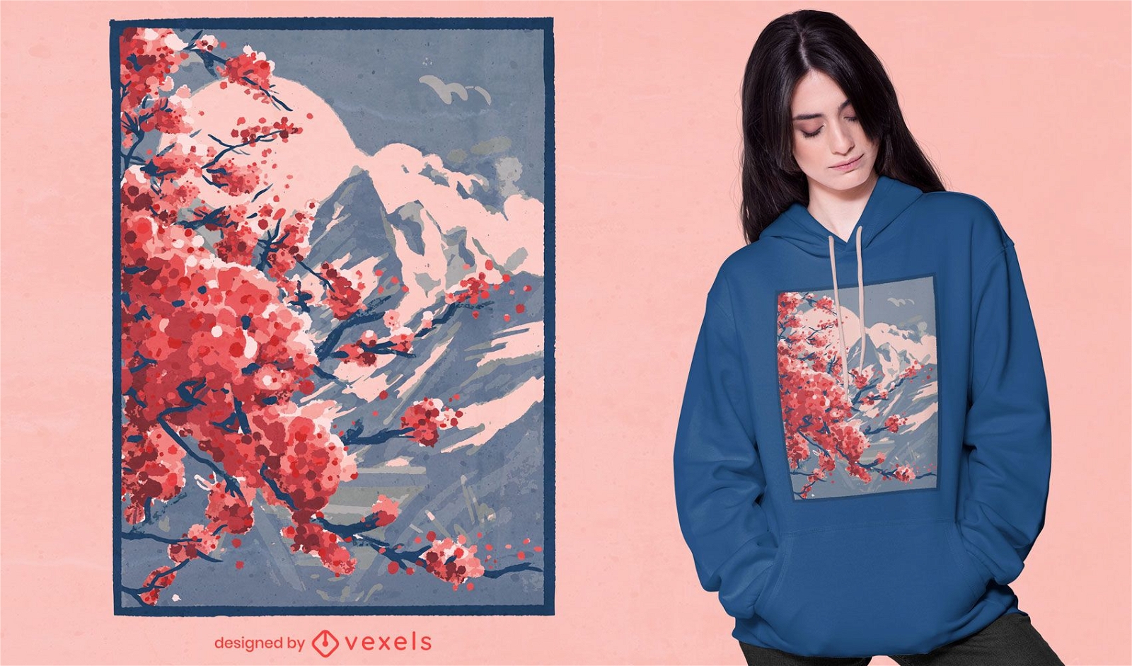 Design de camisetas de montanha em flores de cerejeira