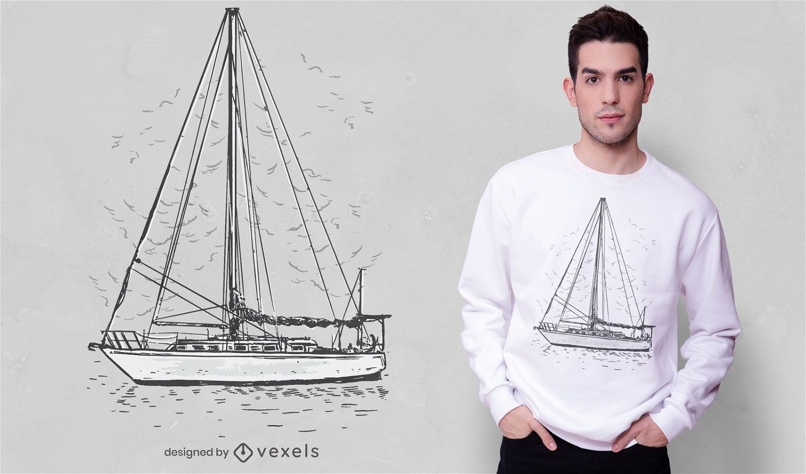 Diseño de camiseta de velero dibujado a mano.