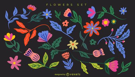 Flat flowers and leaves set