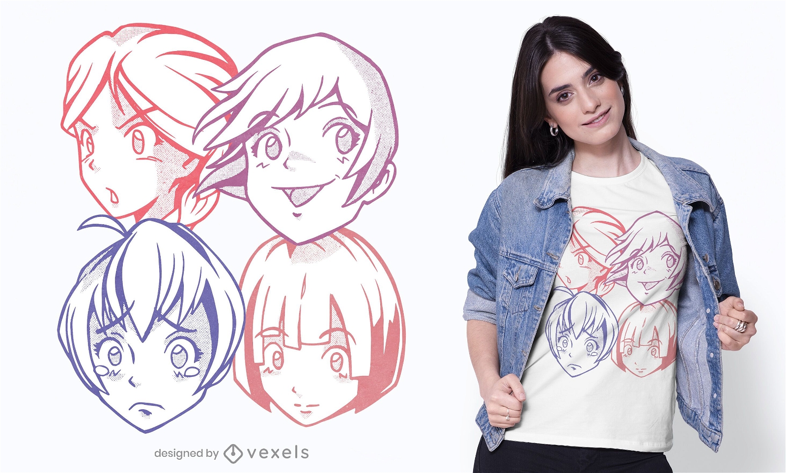 Design fofo de camisetas com rostos de anime