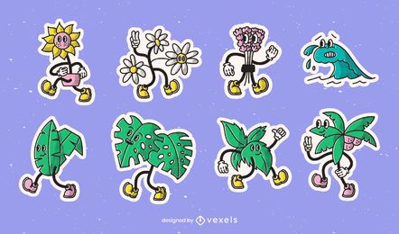Conjunto de pegatinas de dibujos animados retro de naturaleza