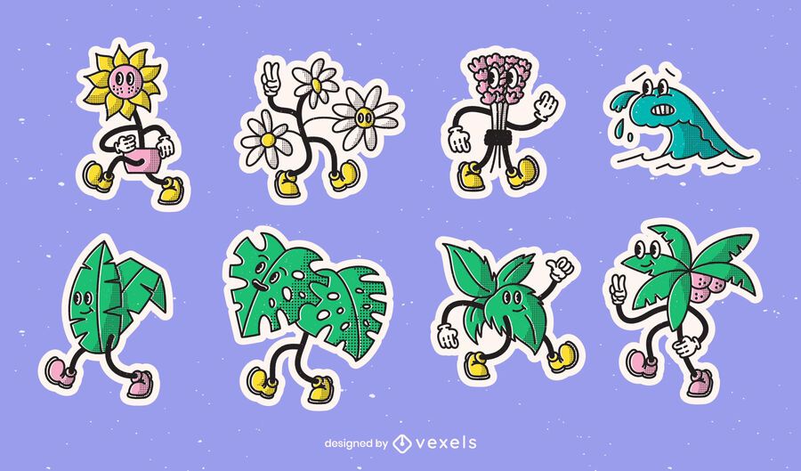Nature retro cartoon sticker set Nature retro cartoon sticker set