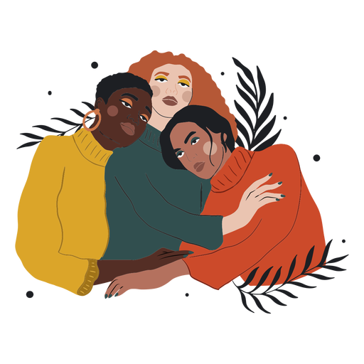 Three women hugging illustration