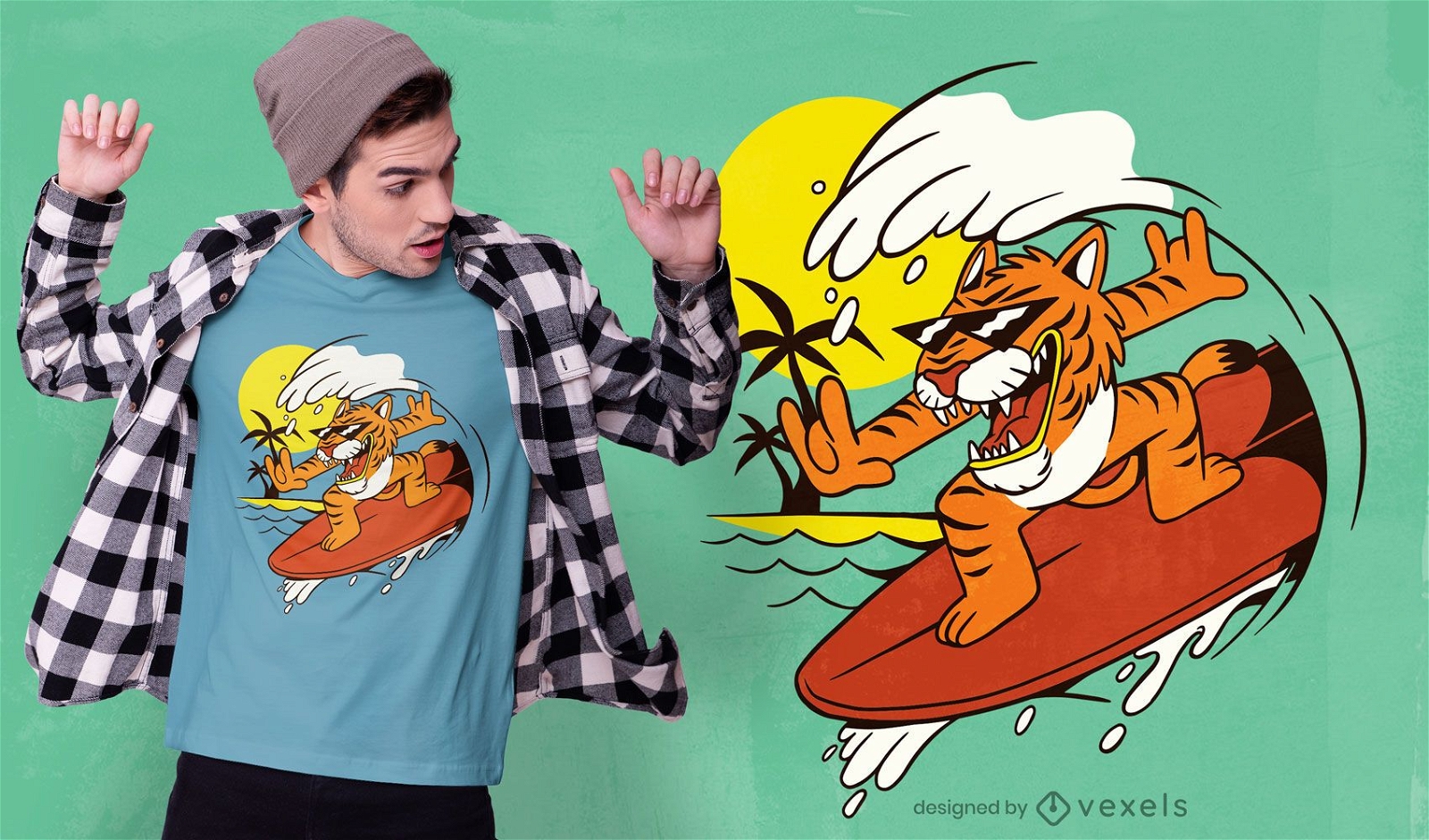 Design de camiseta de tigre surfando