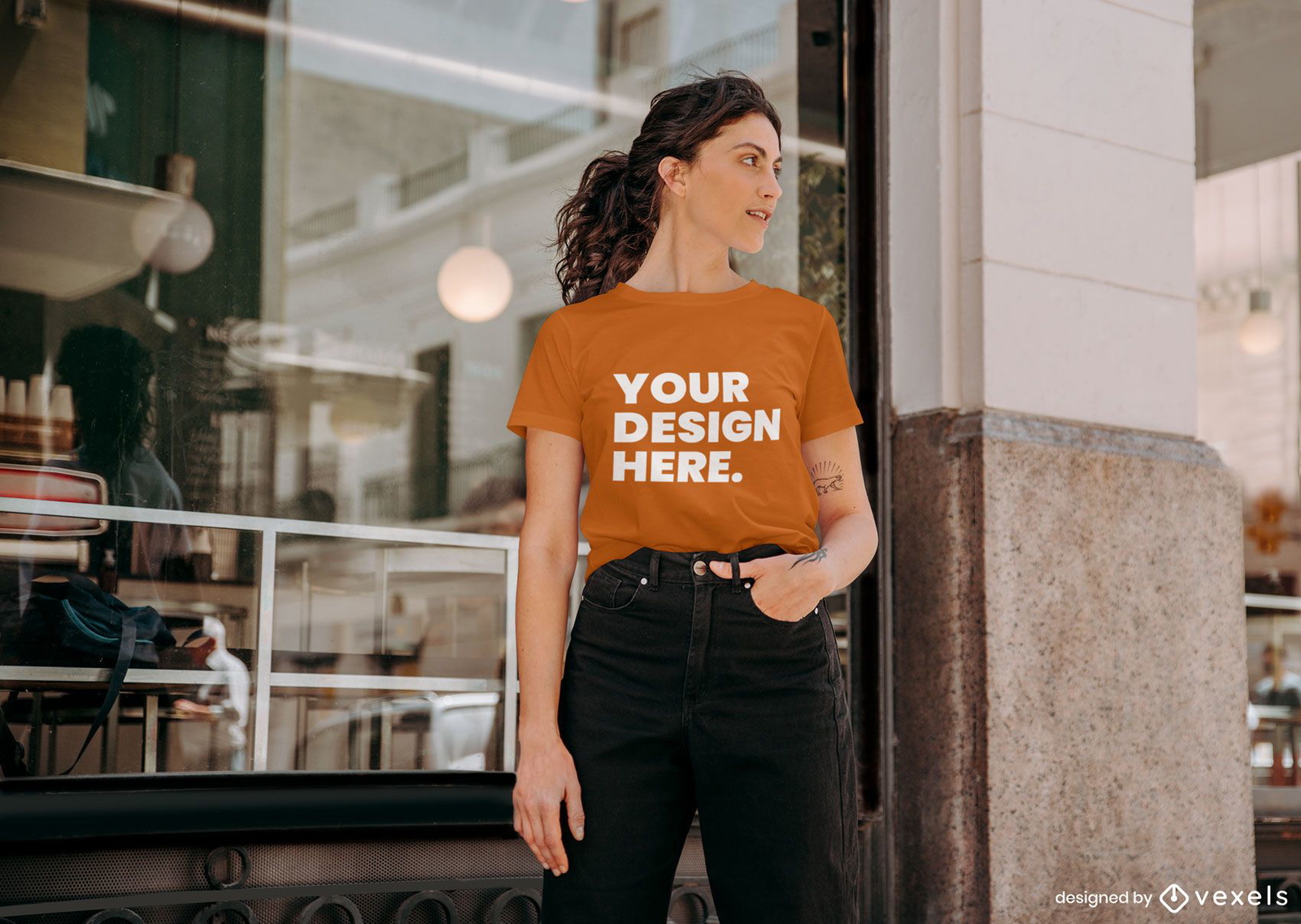 Coffee shop model t-shirt mockup design