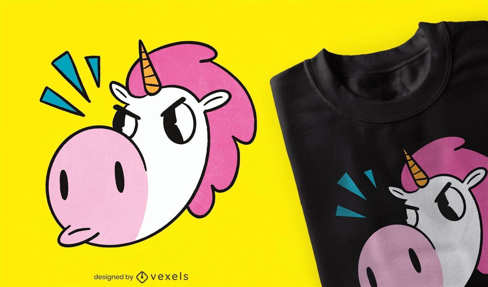 Angry unicorn head cartoon t-shirt design