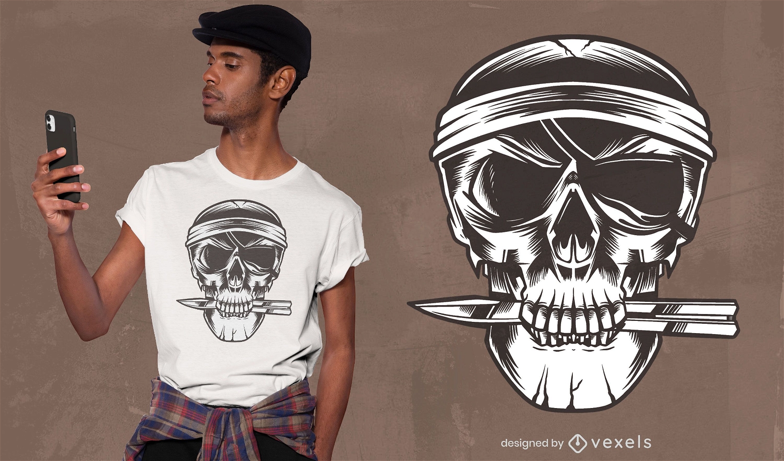 Design de t-shirt com faca de caveira de pirata