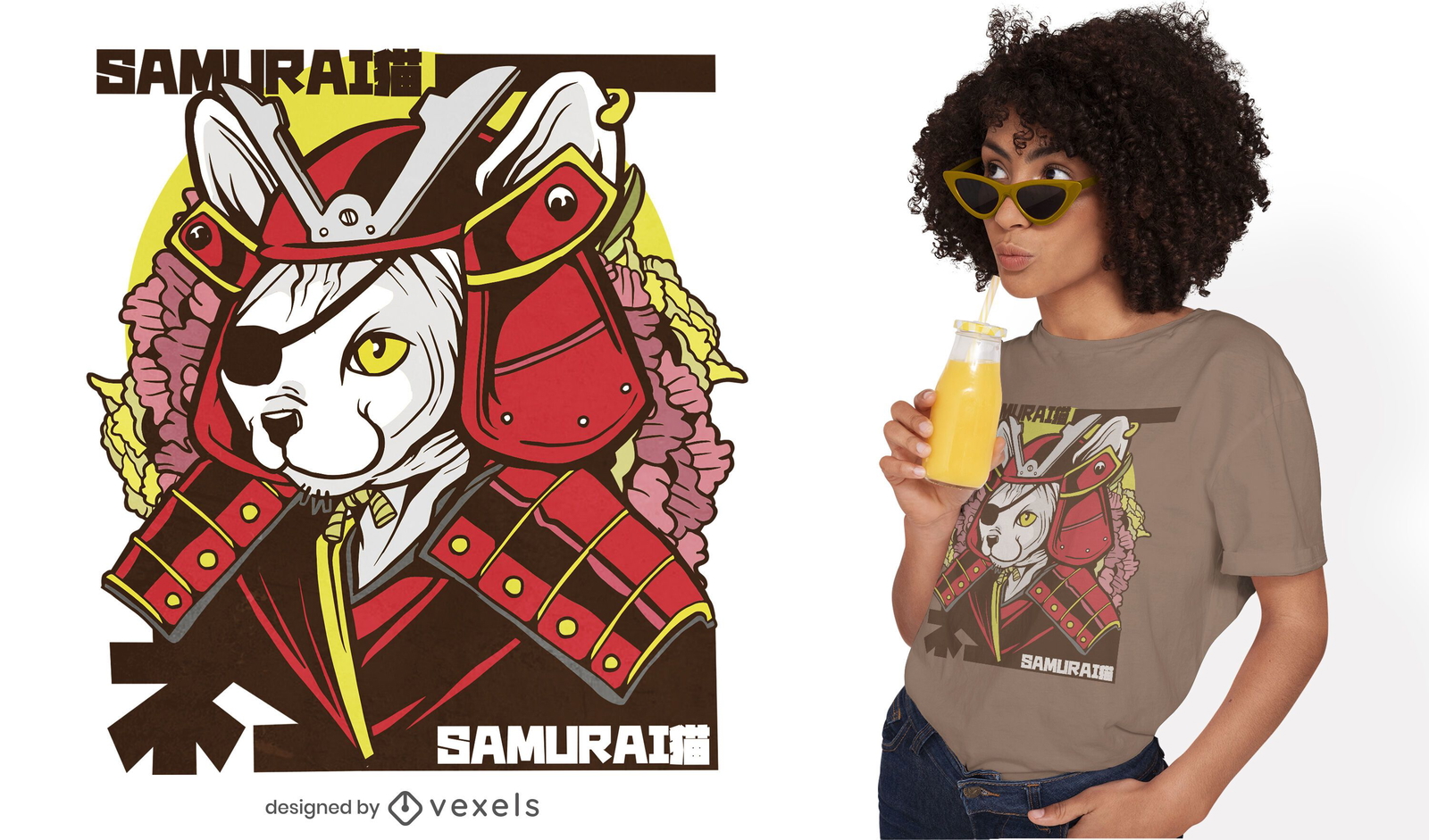 Design de camiseta de gato samurai japonês