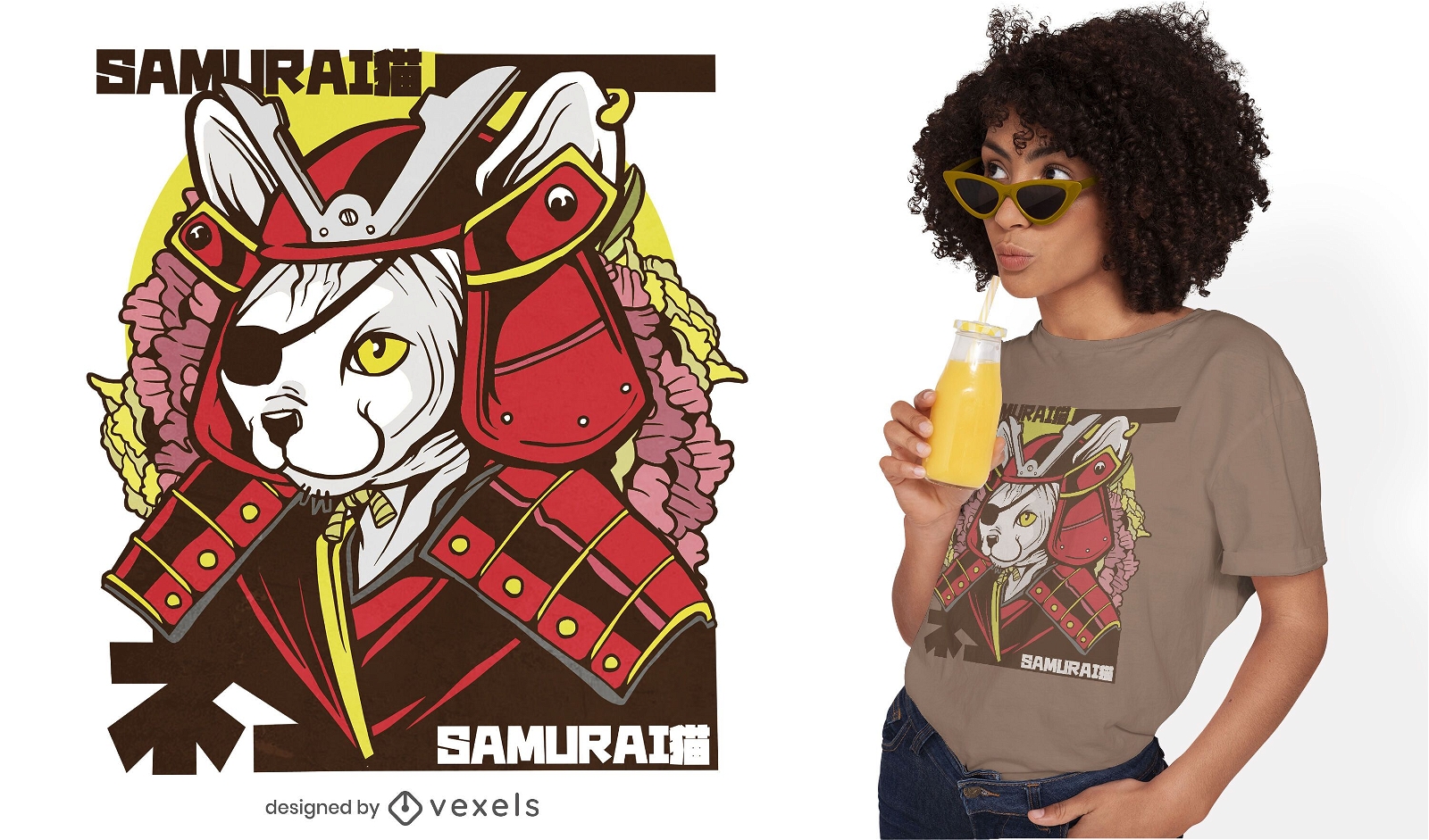 Dise?o de camiseta de gato japon?s Samurai