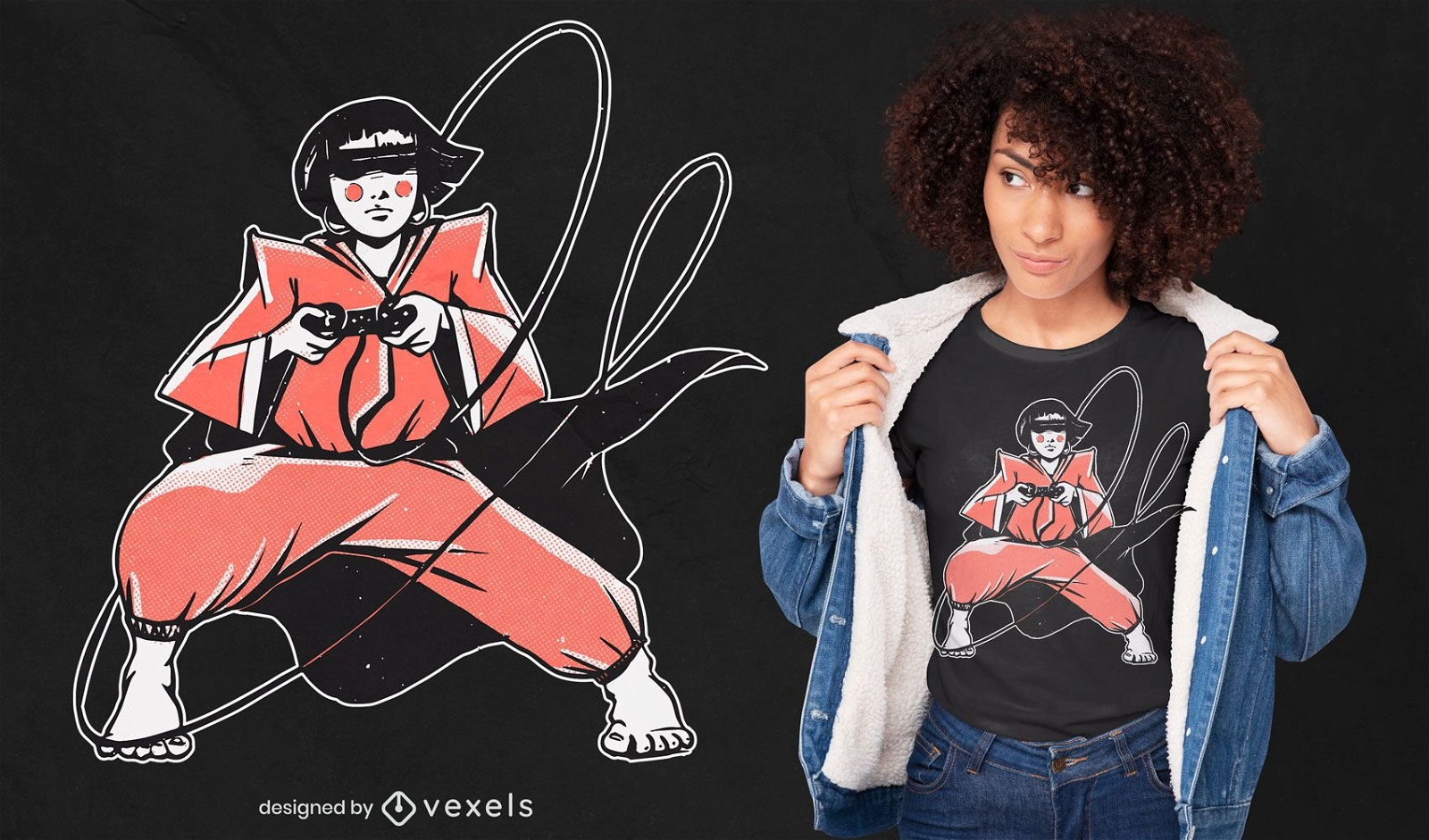 Samurai-Gamer-Mädchen-T-Shirt-Design