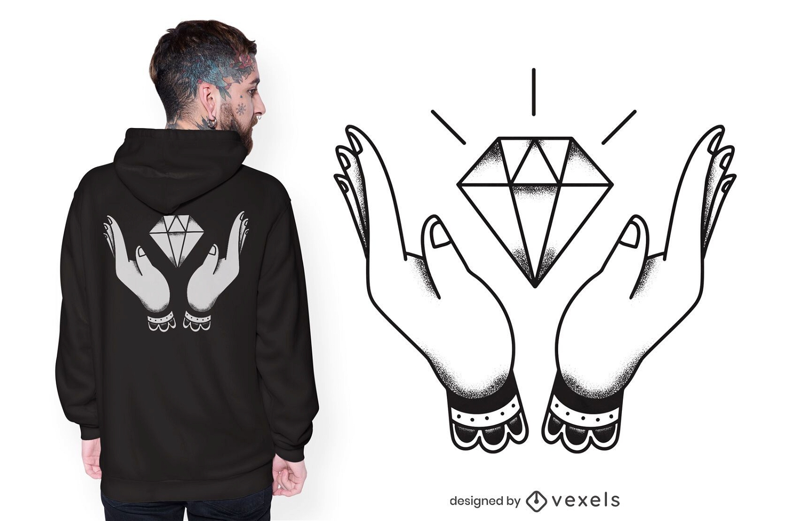 Diseño de camiseta de manos con diamantes.