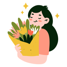 Mujer feliz sosteniendo flores planas Transparent PNG