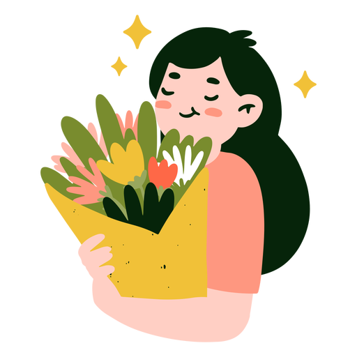 Mujer feliz sosteniendo flores planas Diseño PNG