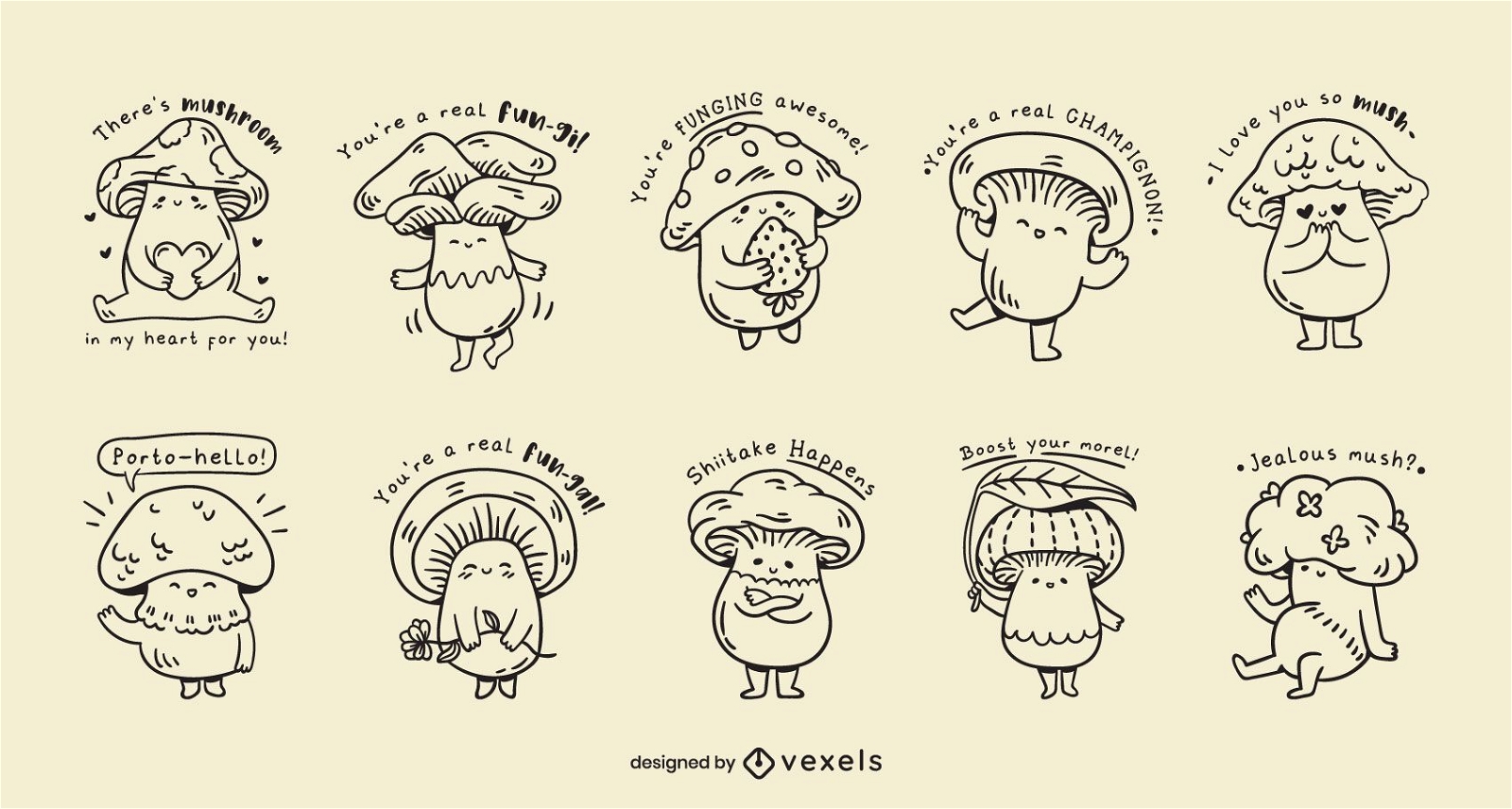Conjunto de piadas kawaii de cogumelos