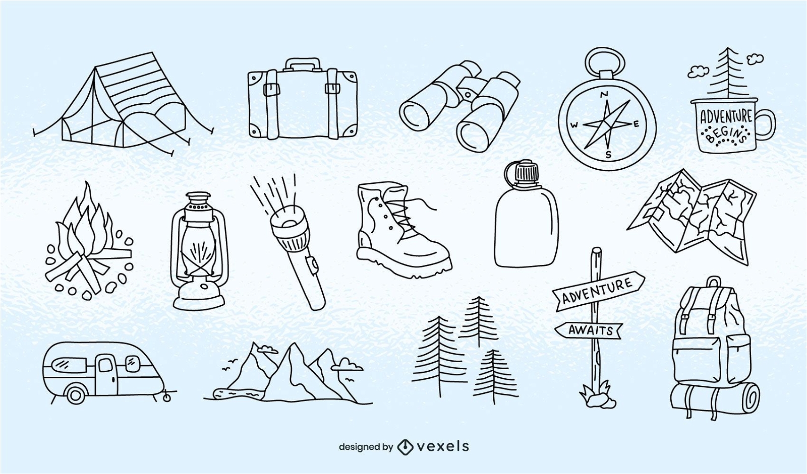 Conjunto de trazos de elementos de camping