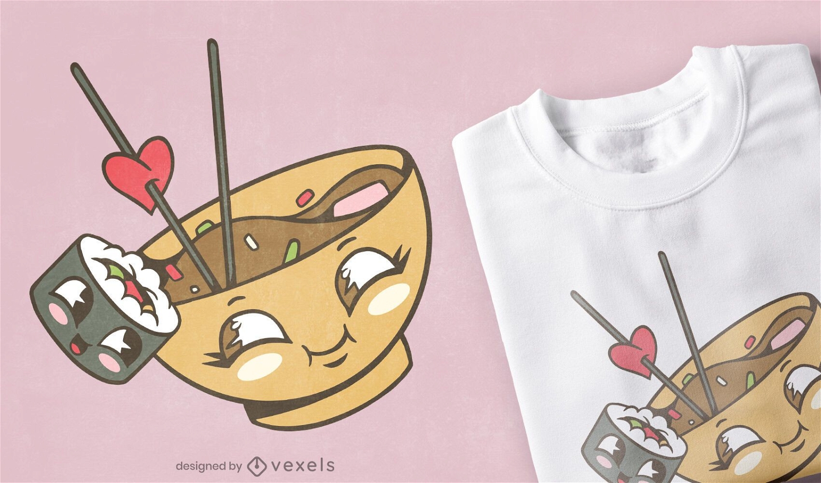 Design de camisetas com amor e miso sushi
