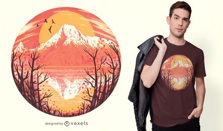 Design de camiseta vulcão pôr do sol