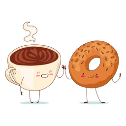 Personajes de café y bagel. Diseño PNG