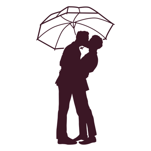 silhouette couple kissing under umbrella