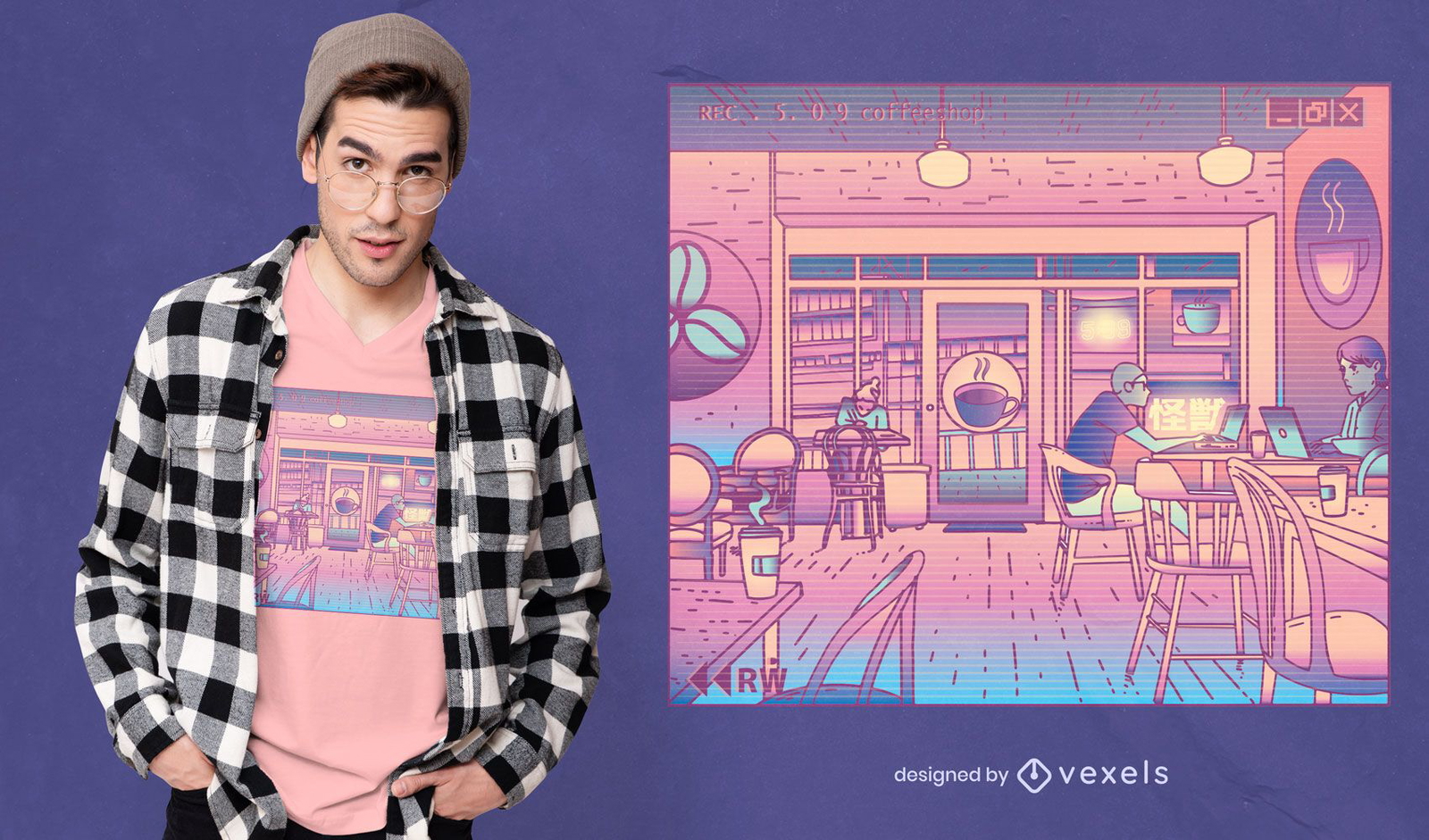 Diseño de camiseta de cafetería vaporwave.