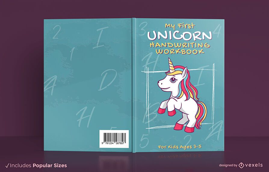 Diseño de portada de libro de trabajo de escritura a mano de unicornio Diseño de portada de libro de trabajo de escritura a mano de unicornio
