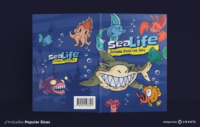 Diseño de portada de libro para colorear de vida marina