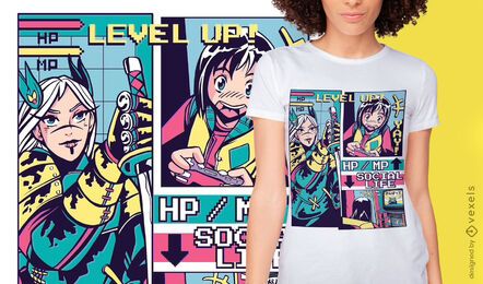 Diseño de camiseta de anime level-up vaporwave Diseño de camiseta de anime level-up vaporwave